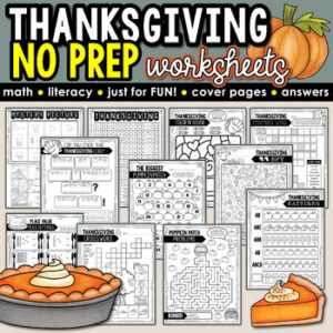 NO PREP Thanksgiving Activity Packet: Fall Crossword Word Search Maze Worksheets