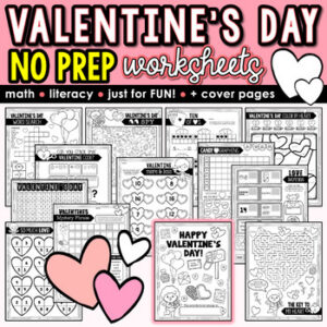NO PREP Valentines Day Worksheets & Activities: FUN Math Coloring Maze Crossword