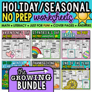 NO PREP monthly packet BUNDLE! Seasonal Math, FUN Word Search, Crossword Puzzles