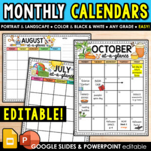 EASY Editable Monthly Calendar Google Slide | Printable Calendars Teacher Binder