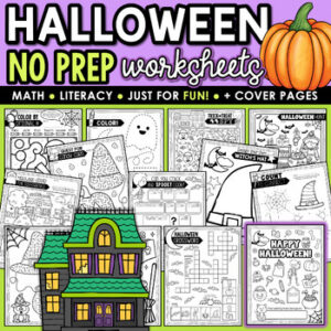 FUN Halloween Worksheets Busy Packet: Adjectives Crossword Puzzles Color by Code