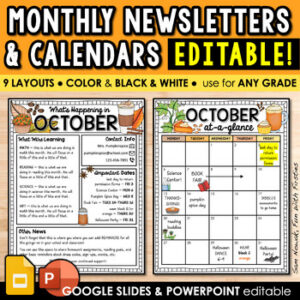 Monthly Newsletter Templates Editable & Classroom Calendar, Parent Communication